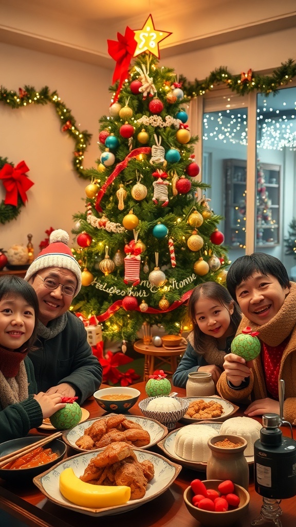 Korean Christmas Celebration Images A Korean family celebrating Christmas with a decorated tree and traditional dishes.